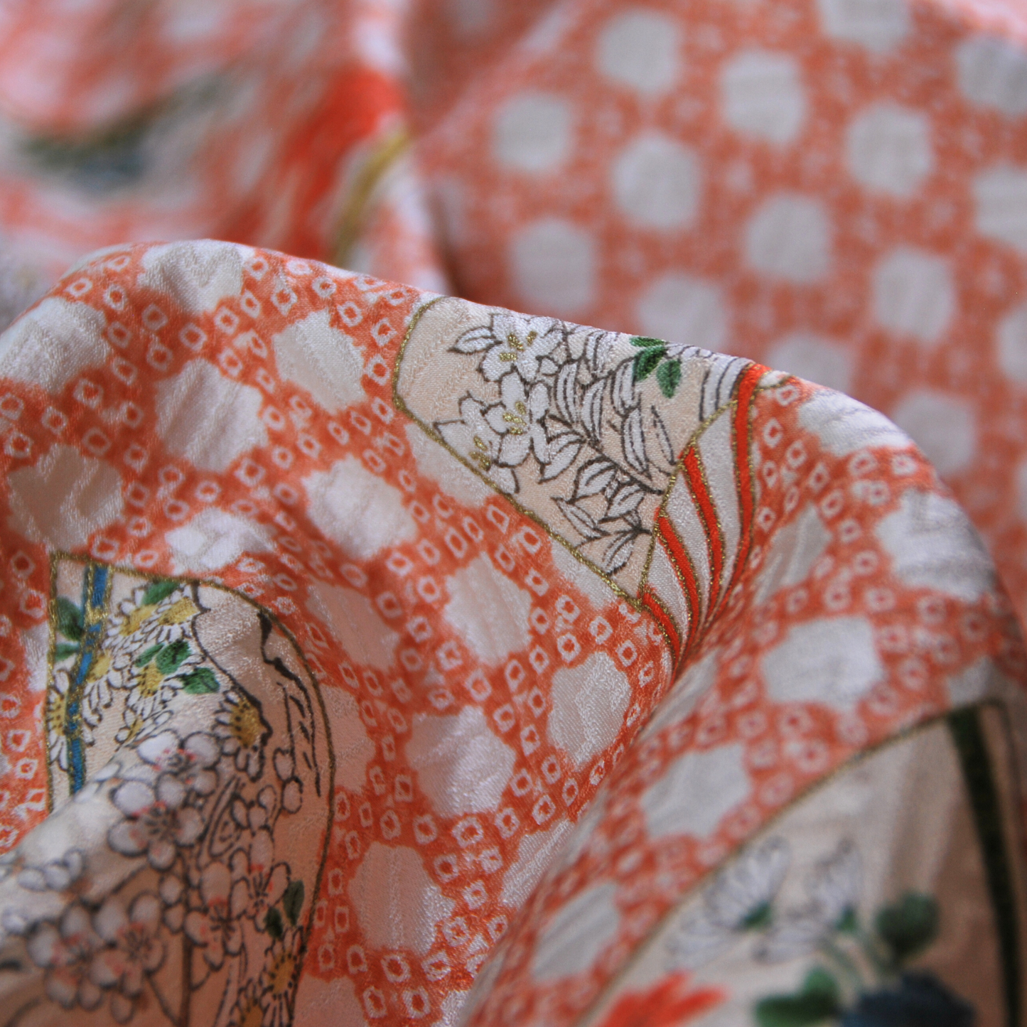 Vintage Kimono - Orange Kagome with fans pattern shirt