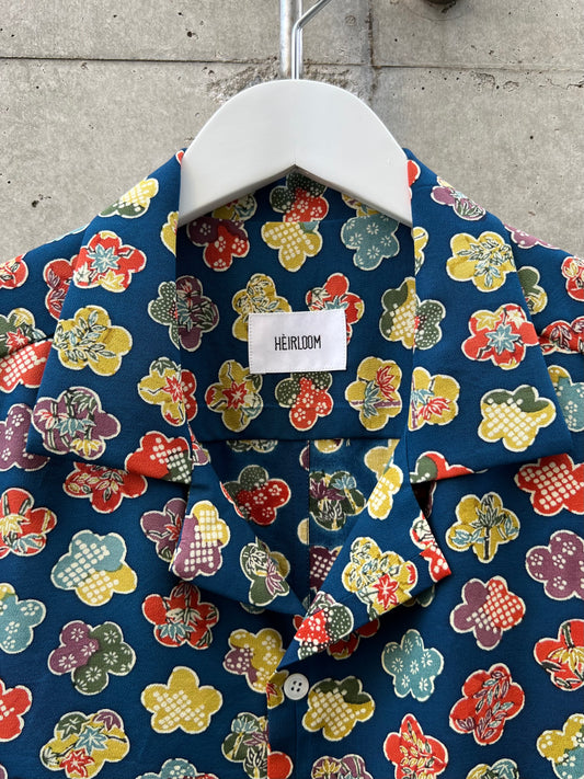 Vintage Kimono - Plum tree pattern blue shirt