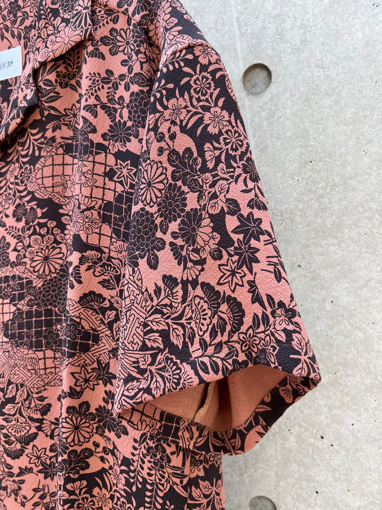 Vintage Kimono - Bird, Flower, Multi pattern - Reddish brown