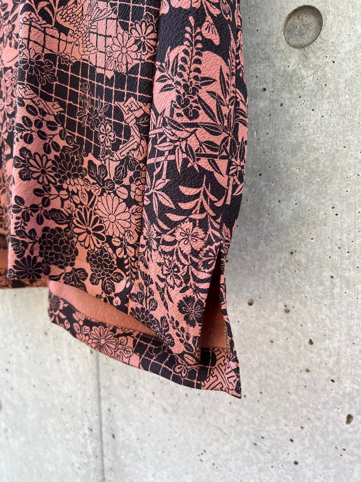 Vintage Kimono - Bird, Flower, Multi pattern - Reddish brown