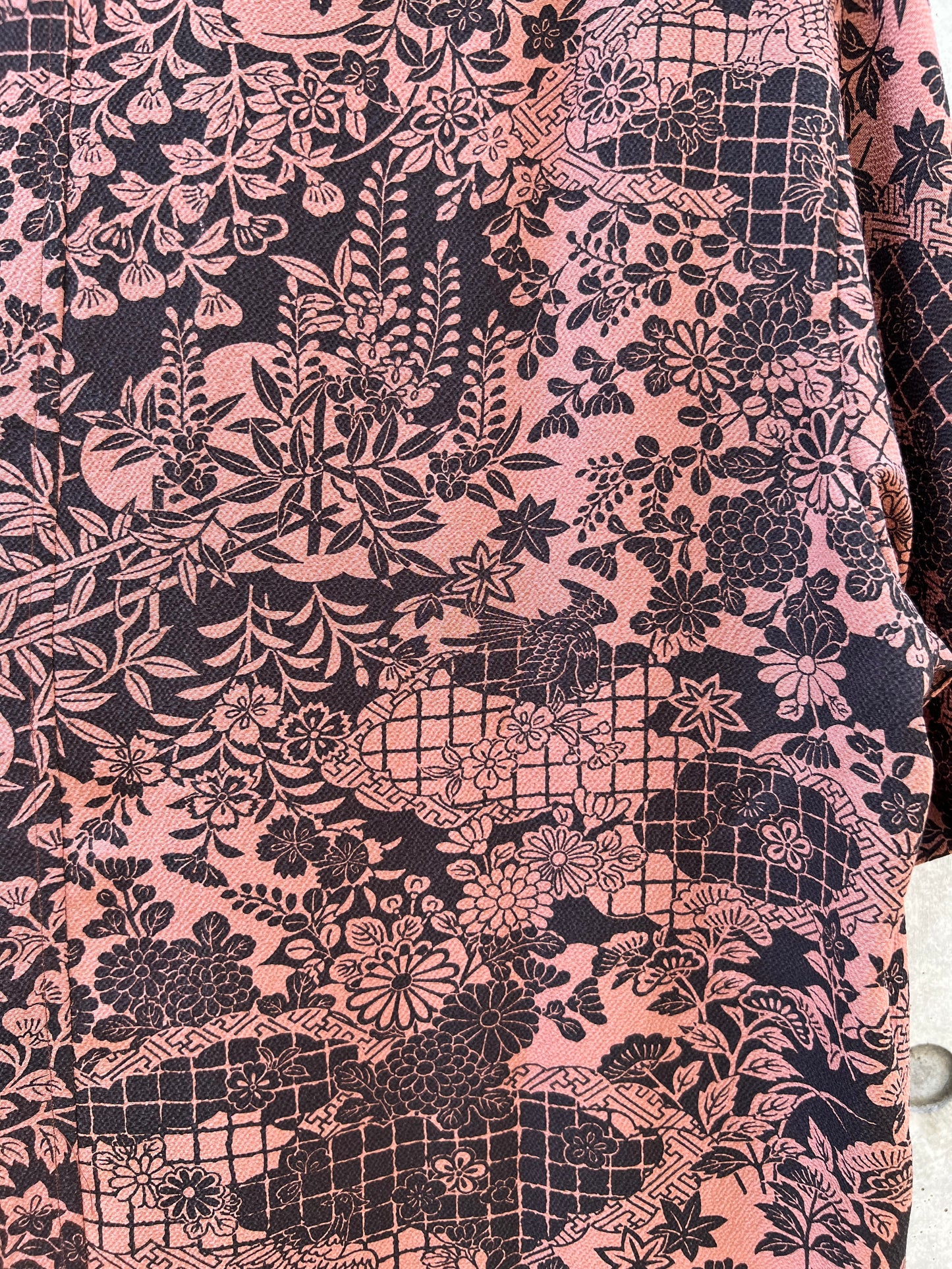 Vintage Kimono - Bird, Flower, Multi pattern - Reddish brown