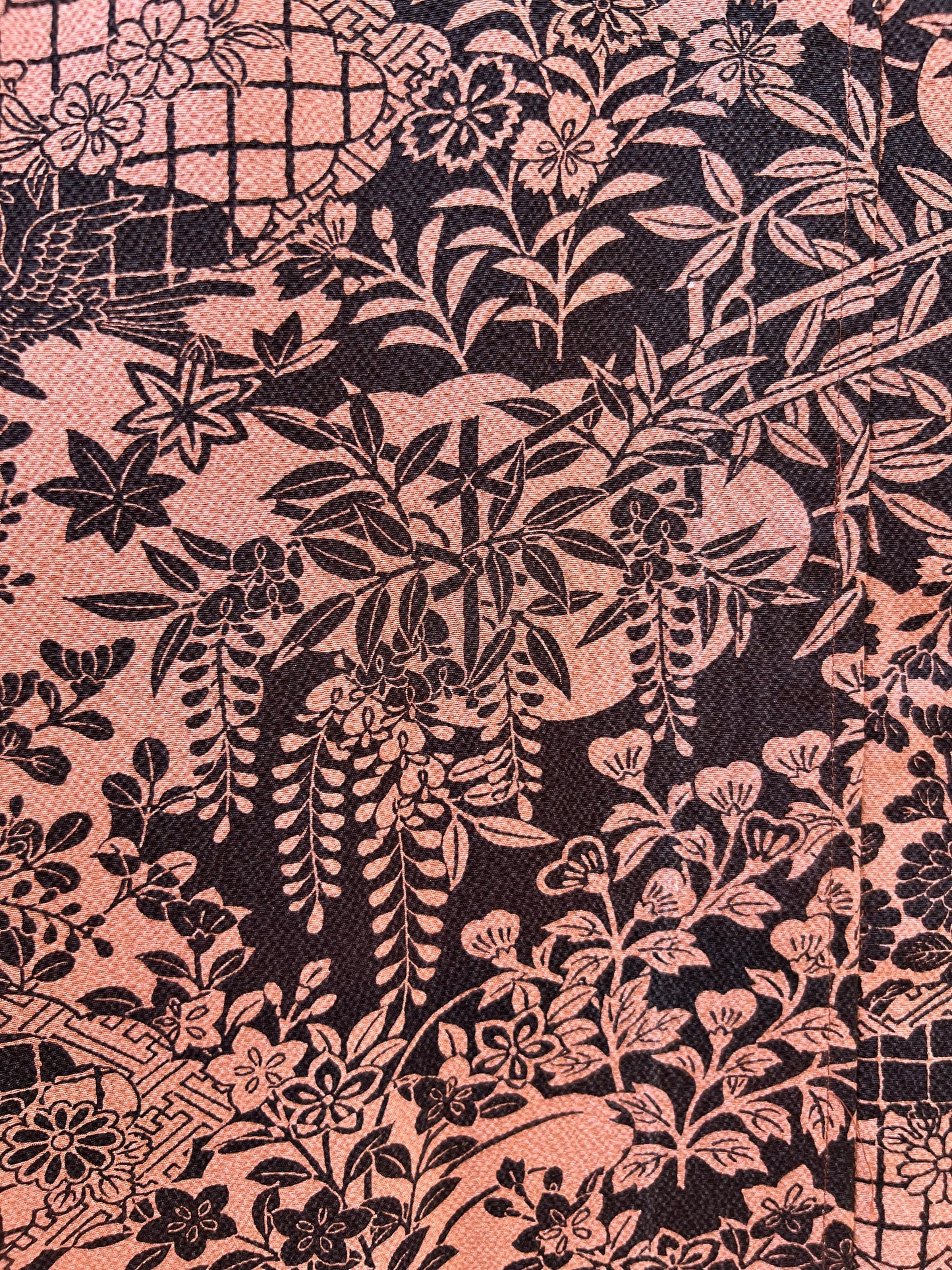 Vintage Kimono - Bird, Flower, Multi pattern - Reddish brown