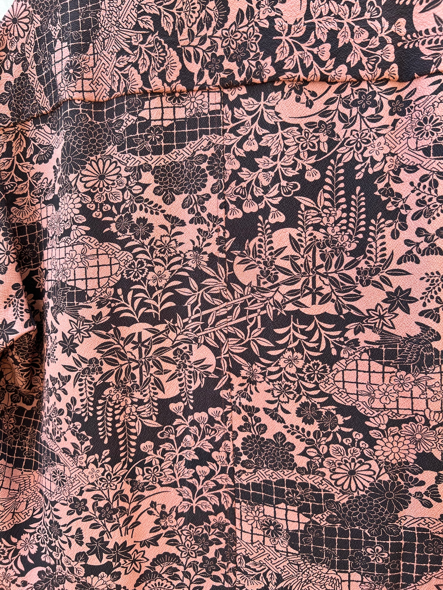 Vintage Kimono - Bird, Flower, Multi pattern - Reddish brown