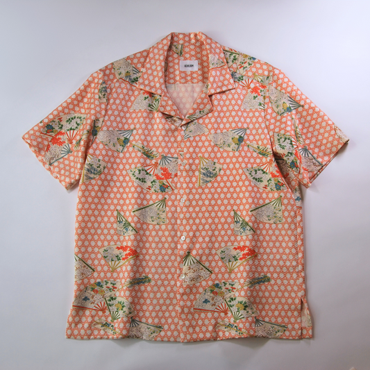 Vintage Kimono - Orange Kagome with fans pattern shirt